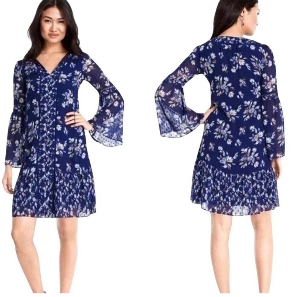 White House Black Market Blue Floral Bell Sleeves Dress